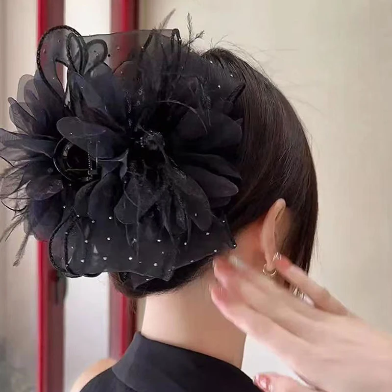 New Mesh Lace Black Feather Ribbon Bow Hair Claws Hairpin Big Ponytail Holder Hair Clips Hair Accessories For Women