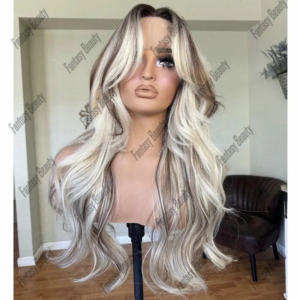 Dark Root Ombre Platinum Blonde 13*6 Lace wigs Human Hair Quality Hightlight Color Loose Wave Glueless Full Lace Wigs Human Hair