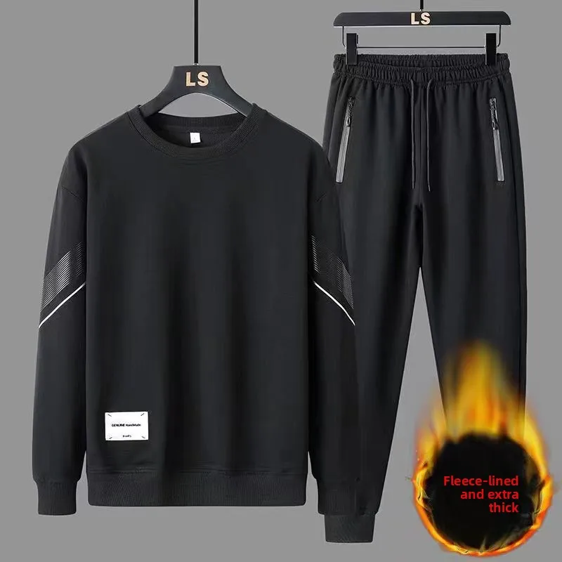 

New crew neck sweater fleece thickened men's suit spring and autumn trendy brand simple set with casual leggings men's