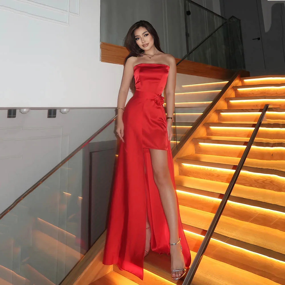 

Msikoods Red Satin Evening Dresses 2025 Strapless Elegant Party Dress Formal Dress Detachable Skirt Sexy Prom Dress Customized