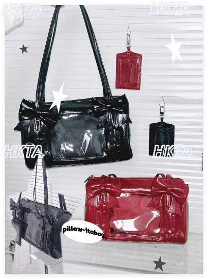 กระเป๋าโท้ทสไตล์โลลิต้าญี่ปุ่นสำหรับผู้หญิง ฤดูใบไม้ร่วง ใหม่ น่ารัก คาวาอี้ โบว์สองมิติ ซิปสีดำ กระเป๋าเป้สะพายหลัง กระเป๋าเด็ก กระเป๋าผู้หญิง