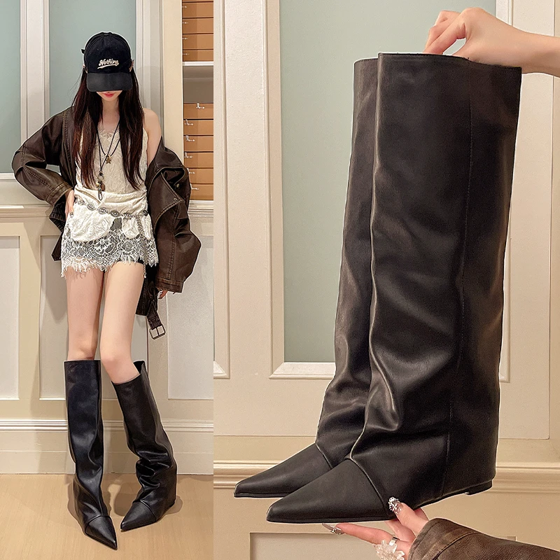 

Women's Black Pointed Toe High Knee Boots, Retro Slip-On Chunky Heel Foldable Casual All-match Long Boots for Daily Street Style