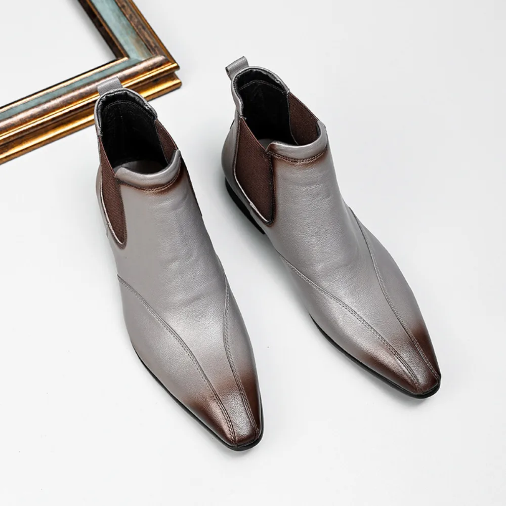New Autumn Winter Men's High Top Boots Top Layer Cowhide Business Leather Boots Pointed Toe Slip on Fashion Men Boots