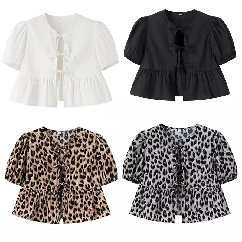 ASDS 2024 White Black Crop Top Women Puff Short Sleeve Summer Blouses Woman Bowknot Cut Out Leopard Blouse Ruched Cute Tops