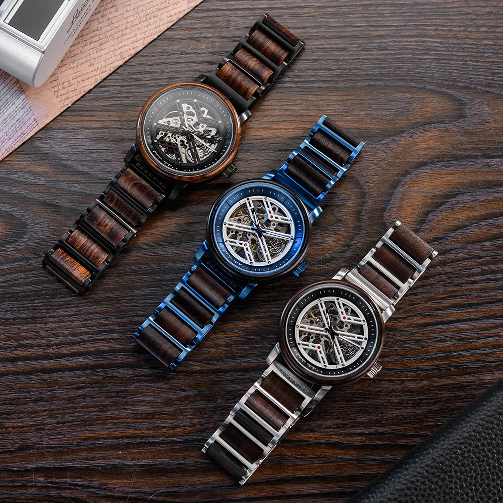 Automatic Mechanical Watch BOBO BIRD Wooden Men Watch New Top Luxury Artificial Ruby Wristwatch Custom Logo Christmas Gift Box