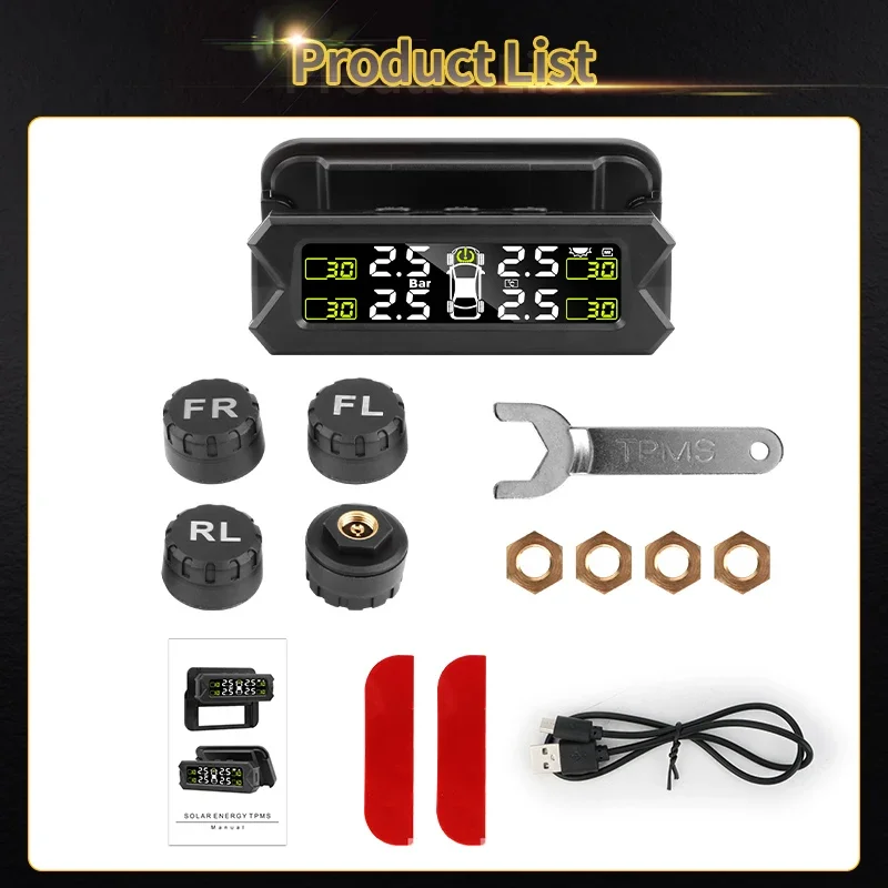 Vtopek Car TPMS Tire Pressure Alarm Monitoring System Tyre Sensor Solar Charge With Bracket 360 Adjustable IP68 Waterproof 6bar