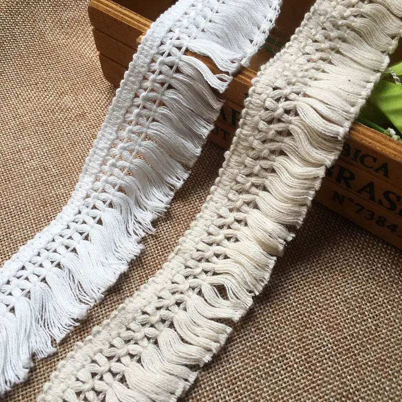 Filo di cotone ricamo tessuto di pizzo 3.5cm di larghezza bianco Beige con frange intrecciate nastro abbigliamento artigianato fai da te cucito