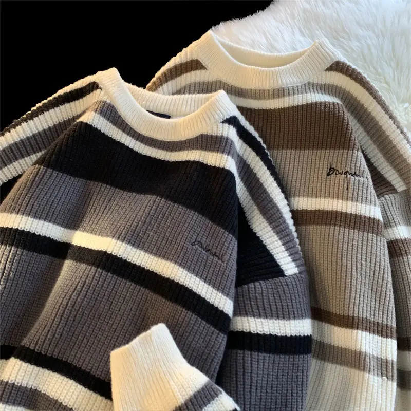 

Autumn Winter Stripe Knitted Sweater for Men Loose Knitwear Casual Pullover Winter Women Sweater Oversized Men Clothing A194