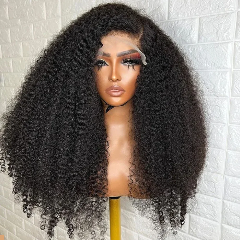 Natural Black Soft 26inch Glueless 180Density Long Kinky Curly Deep Lace Front Wig For Women With Baby Hair Preplucked Daily