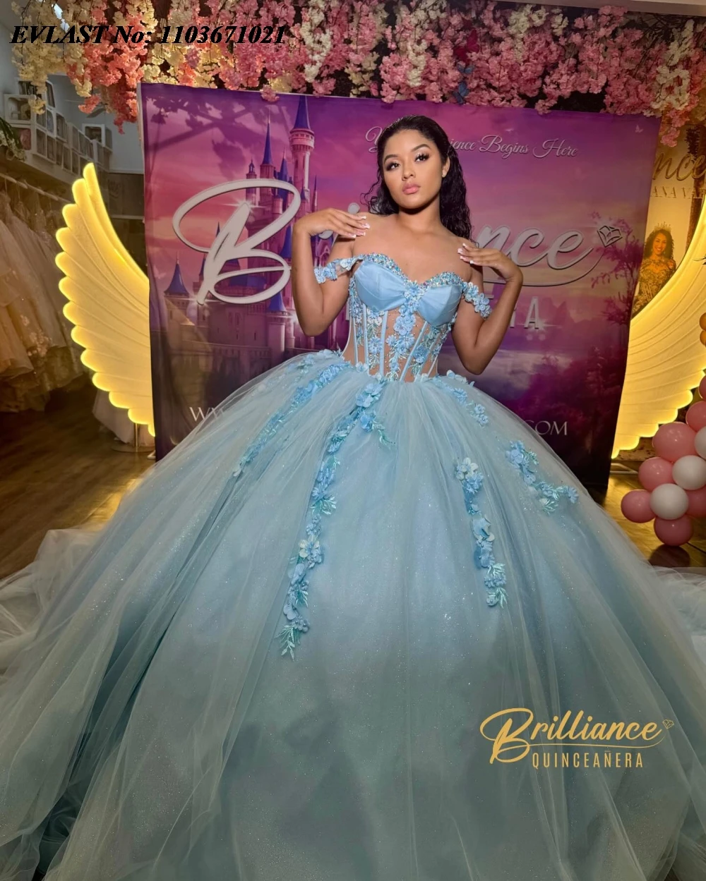 EVLAST Glitter Sky Blue Quinnceanera Dress Ball Gown 3D Floral Lace Applique Beading Corset Sweet 16 Vestidos De 15 Anos SQ576