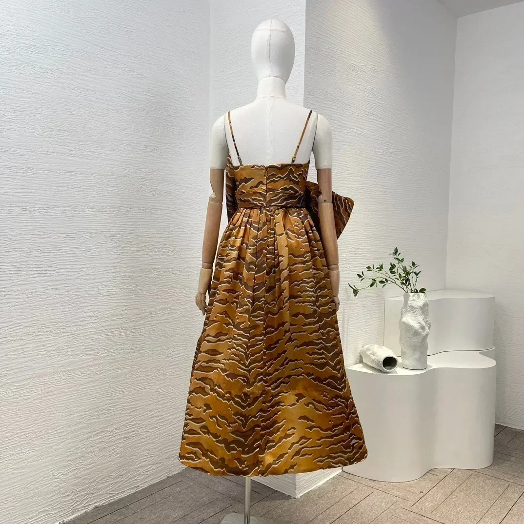 New Collection Spring Summer Holiday Crinkle Silk Big Bow Tiger Stripes Printing Midi Dress Women High Quality Clothing