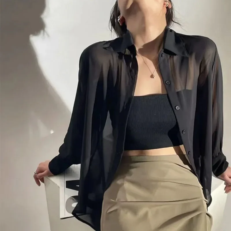 SMVP بلوزة شيفون للنساء 2025 جديد الصيف بقماش شفاف كم طويل قمصان الحماية من الشمس الكورية موضة مكتب سيدة قميص بلايز #1