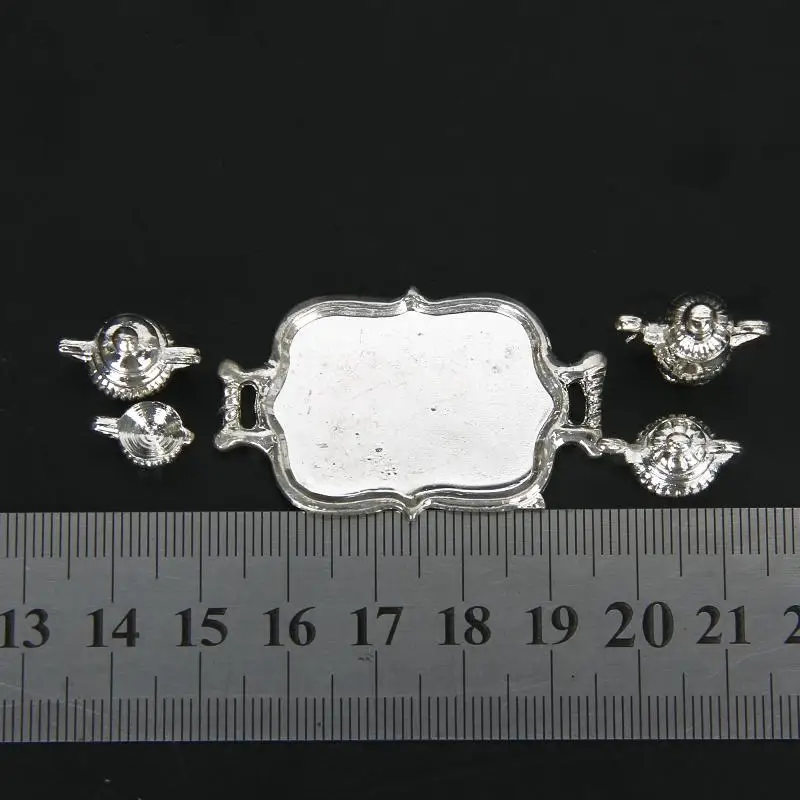 Dollhouse Miniature Wine Set Silver Metal Kitchen Toy Pots Tray and Goblet for 1 12 Scale Dollhouse Accessories