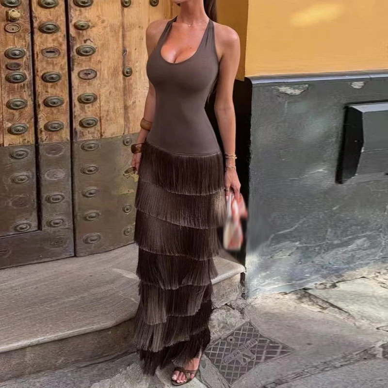 Elegant Backless Sleeveless Fit Vintage Maxi Dress Luxury Summer Pure Hollow Out Dress Sexy U Neck Tassel Bodycon Evening Dress