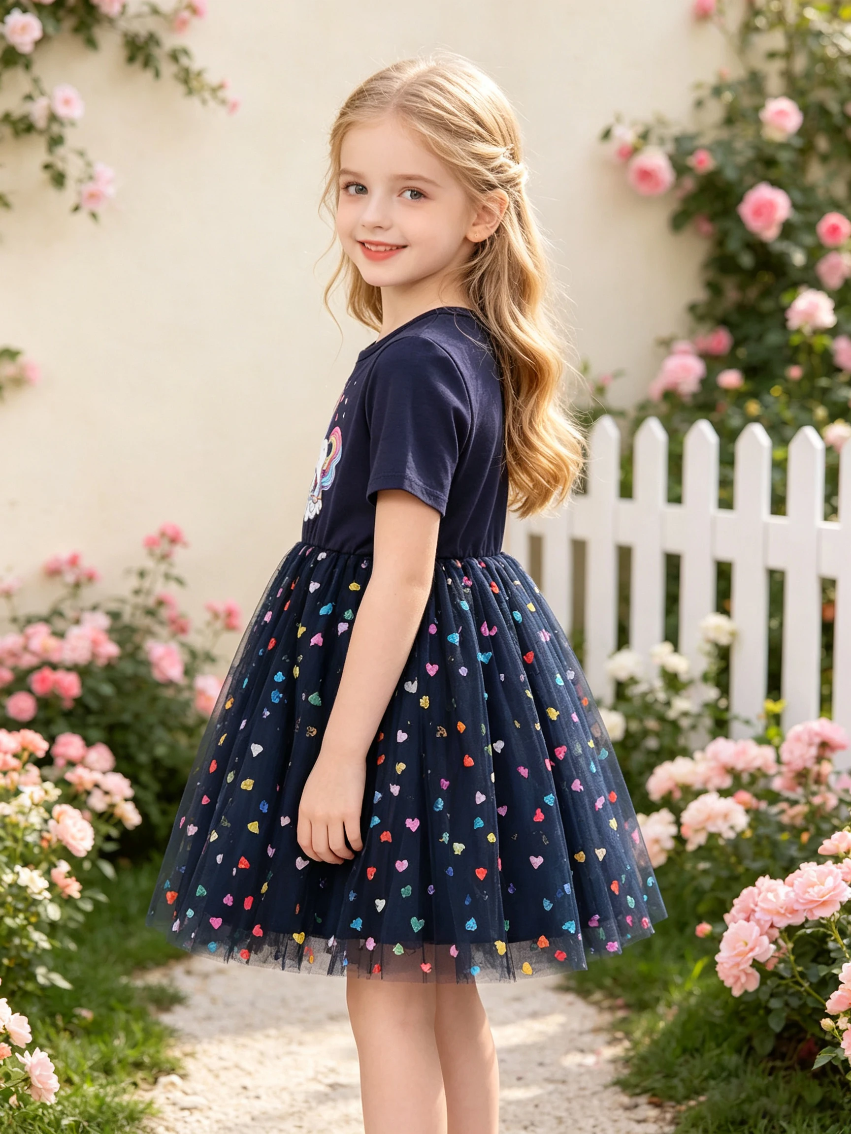 Girls' Navy Heart Unicorn Short-Sleeve Dress, Puffy Princess Skirt with Colorful Mini Heart Sequins Tulle