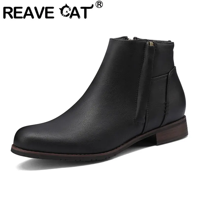 

REAVE CAT Classic Female Ankle Boots Round Toe Low Heel Zipper Concise Daily Booty For Man Unisex Shoes Solid Plus Size 46 47 48