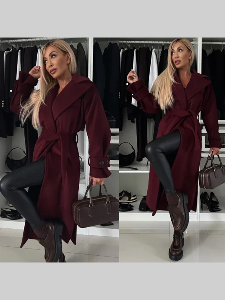 Elegant Solid Flip Collar Long Wool Blend Overcoat Loose Long Sleeve Warm Coats With Belt Women Autumn Winter Street Outwear