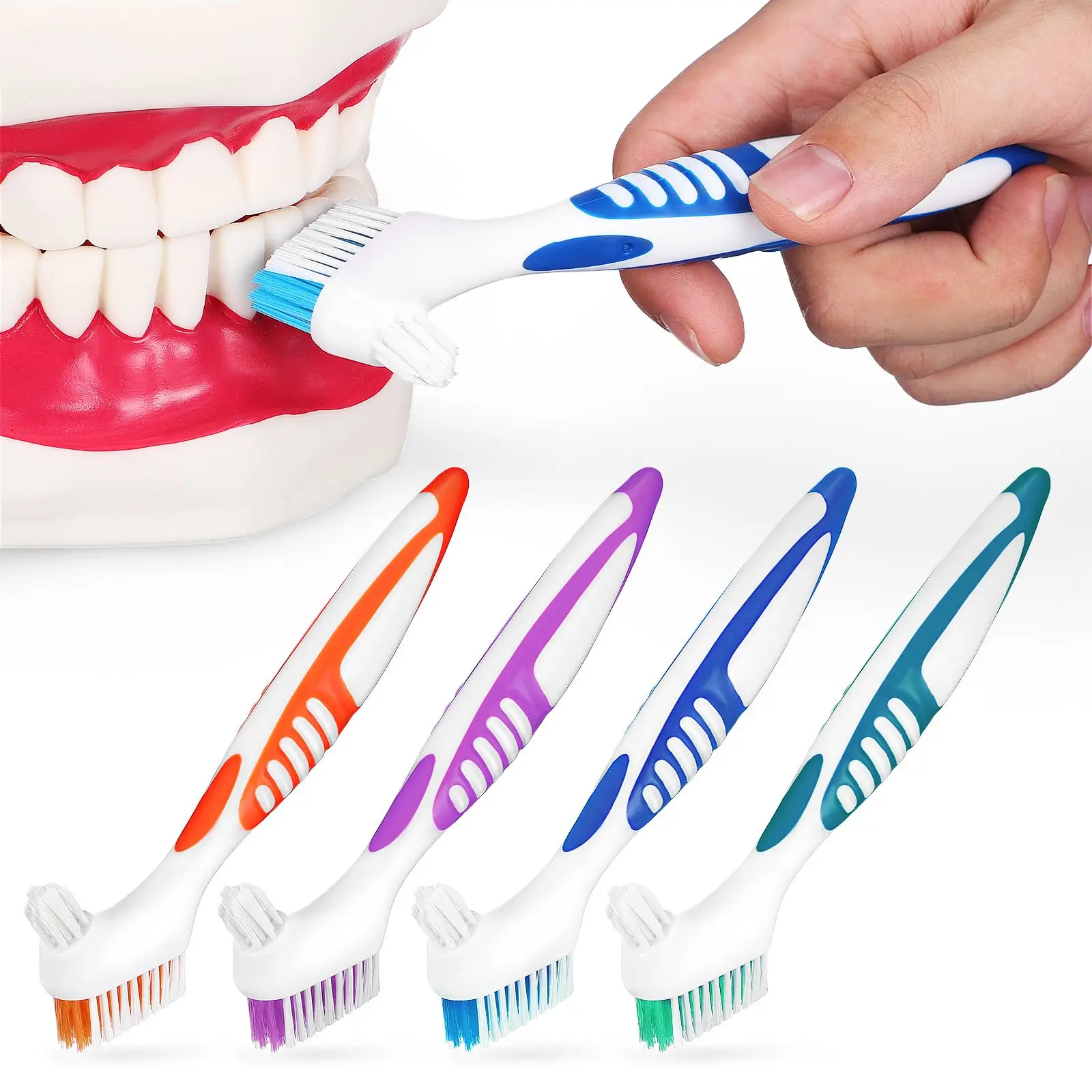 4 Pcs Double Sided Denture Toothbrush Cleaner Blue Green Purple ange Plastic Travel Dental Care Tools Efficient Cleaning