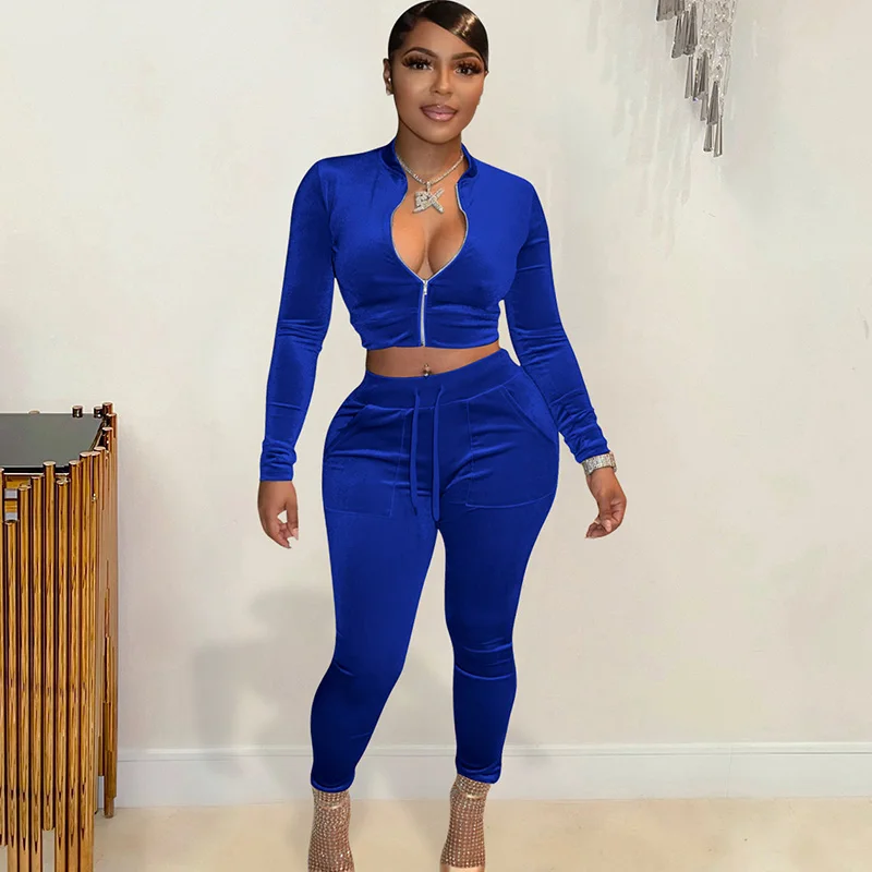 

Pleuche Casual Sweatsuit 2 Pieces Sets Women Long Sleeve Zip Jacket Crop Top Drawstring Pocket Pencil Pants Sporty Matching Sets