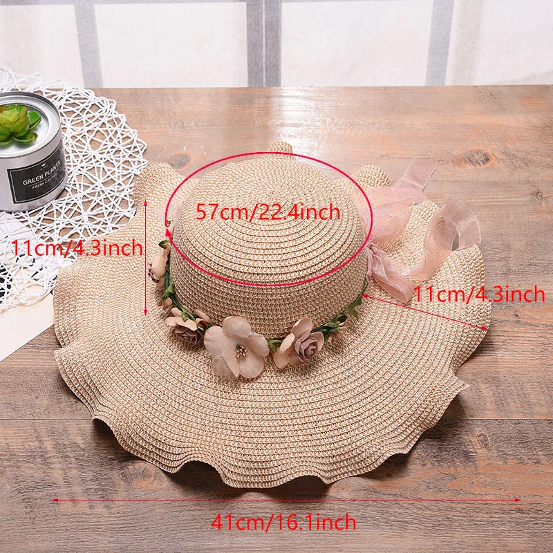 Fashion Flat-topped Straw Wide Brim Hat Girls Outdoor Big Wave Flower Sun Hats Lightweight Women Beach Caps Q58