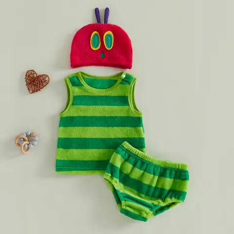 Baby 3 Piece Set Very Hungry Caterpillar Costume Striped Sleeveless Tank Top Bloomer Shorts and Hat Halloween Cosplay Clothes
