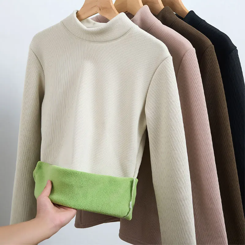 Women's semi high neck with added velvet base and thickened thread 2025 new winter black warm top
