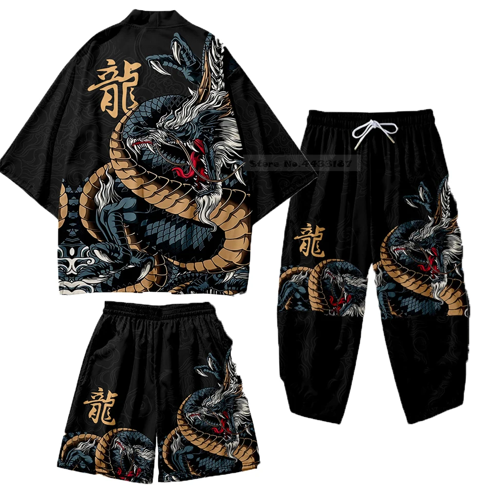 Große Größe 6xl 7xl japanische Kimono Strickjacke Hosen Set Druck Drachen Männer Frauen Hemd Tradition Yukata Haori Obi Coaplay Kostüm