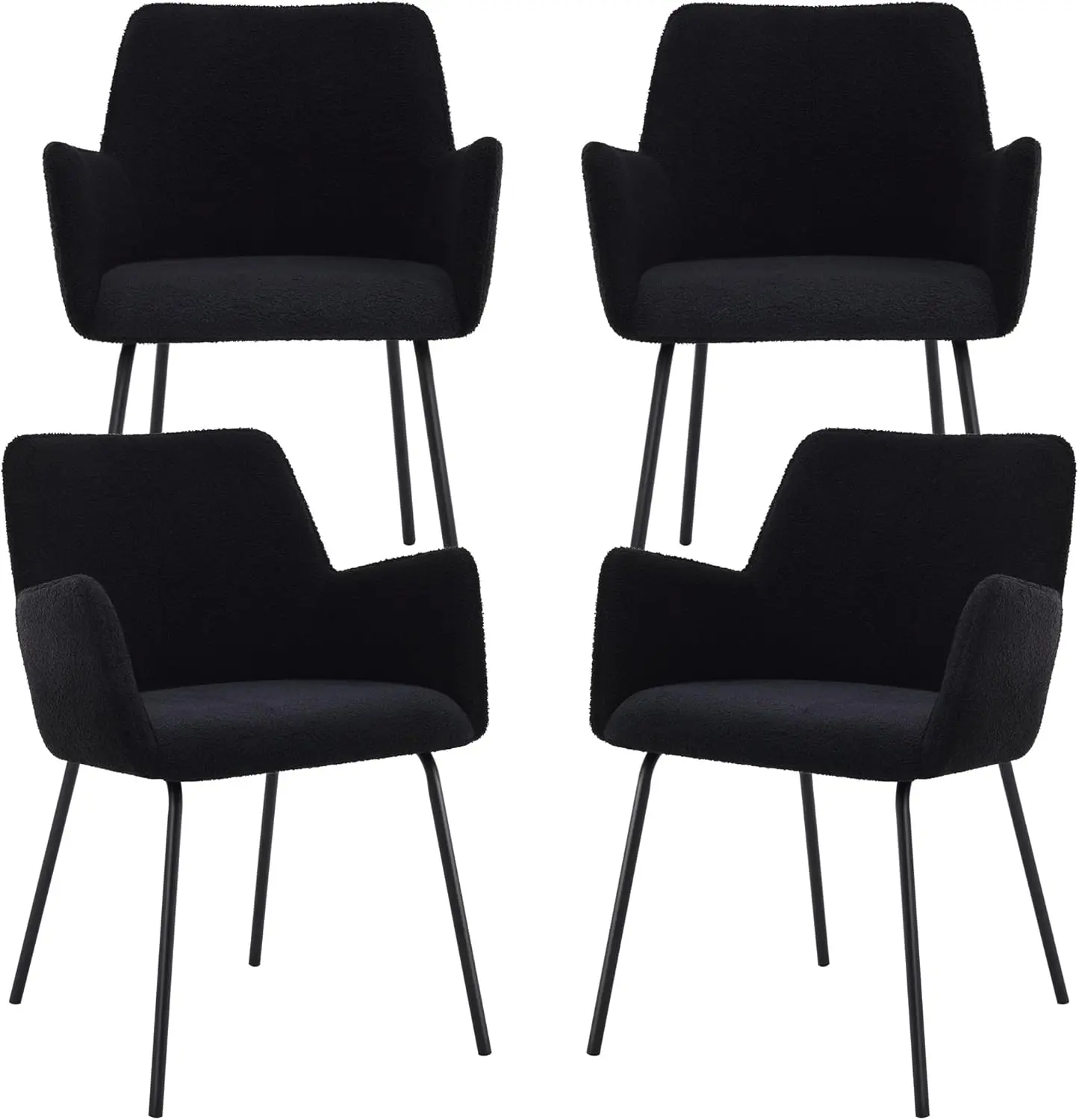 (Black)Modern Dining Room Chairs Set of 4, Upholstered Dining Chairs with Thick Cushion, Arms and Metal Legs, Teddy Fleece Kitch