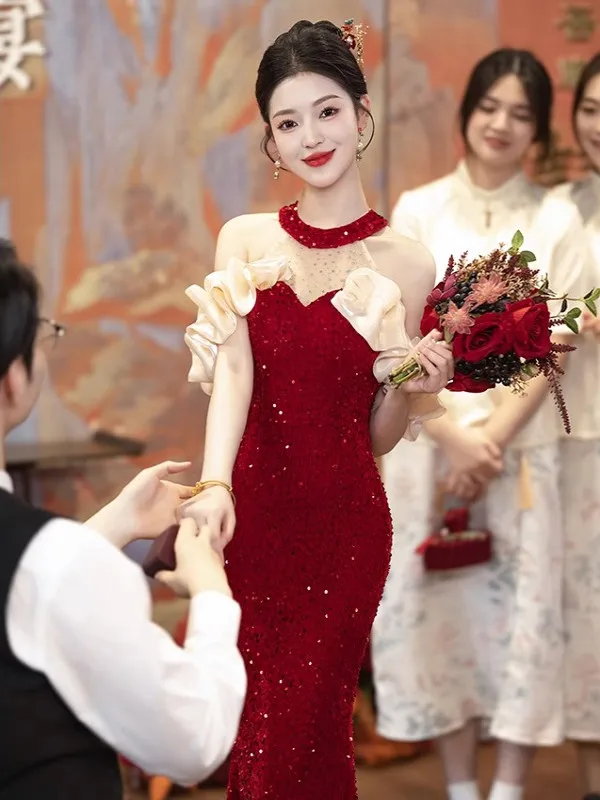 

Элегантное свадебное платье «рыбий хвост» для женщин, на заказ, класса люкс, в корейском стиле, с пайетками, юбка со средней талией