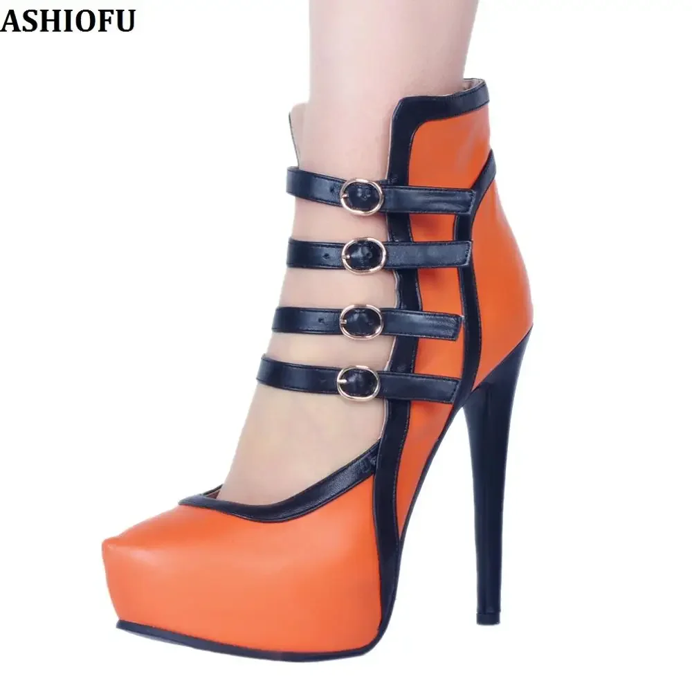 

ASHIOFU Handmade New Ladies High Heel Pumps Four-buckle straps Sexy Platform Party Club Dress Shoes Evening Fashion Court Shoes