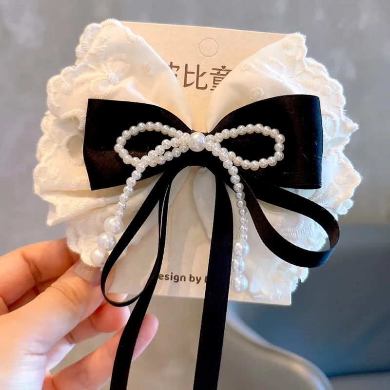 

black Elegant Hair Barrettes Women Pink Lace Pearl Bow Clips Non Slip Fancy Hairpins for Thin Hair Party