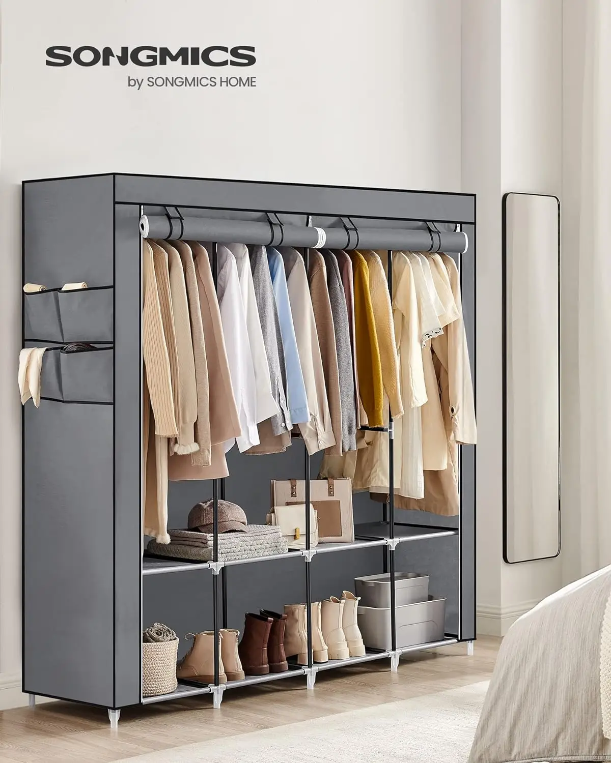 SONGMICS Portable Closet, Wardrobe Closet Organizer with Cover, 4 Hanging Rods and Shelves, 4 Side Pockets, 66.9 x 17.7 x 65.7