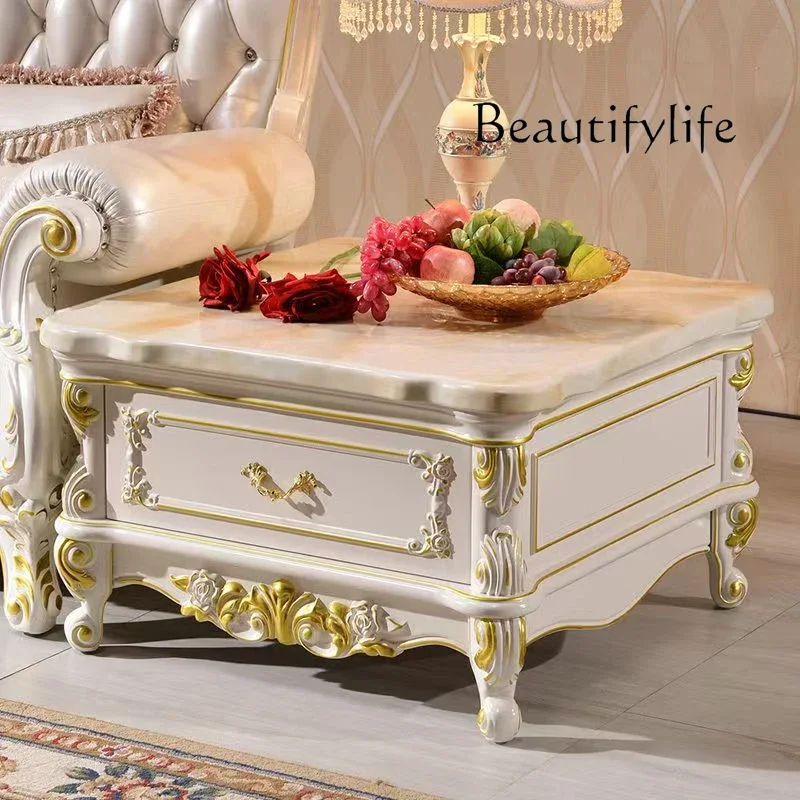 

European Entry Lux Marble Side Table American Retro Wood Carved Sofa Side Cabinet Simple Small Square Table