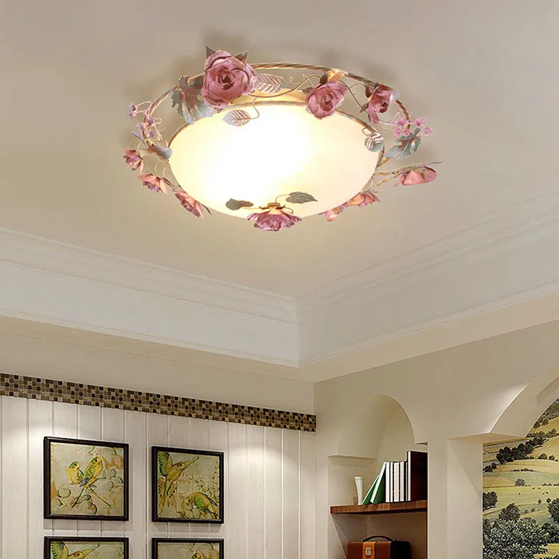 French Romantic Garden Decorative Glass Light Pink Rose Blossoms Children's Princess Room Ceiling Lamp Theme Restaurant Lighting