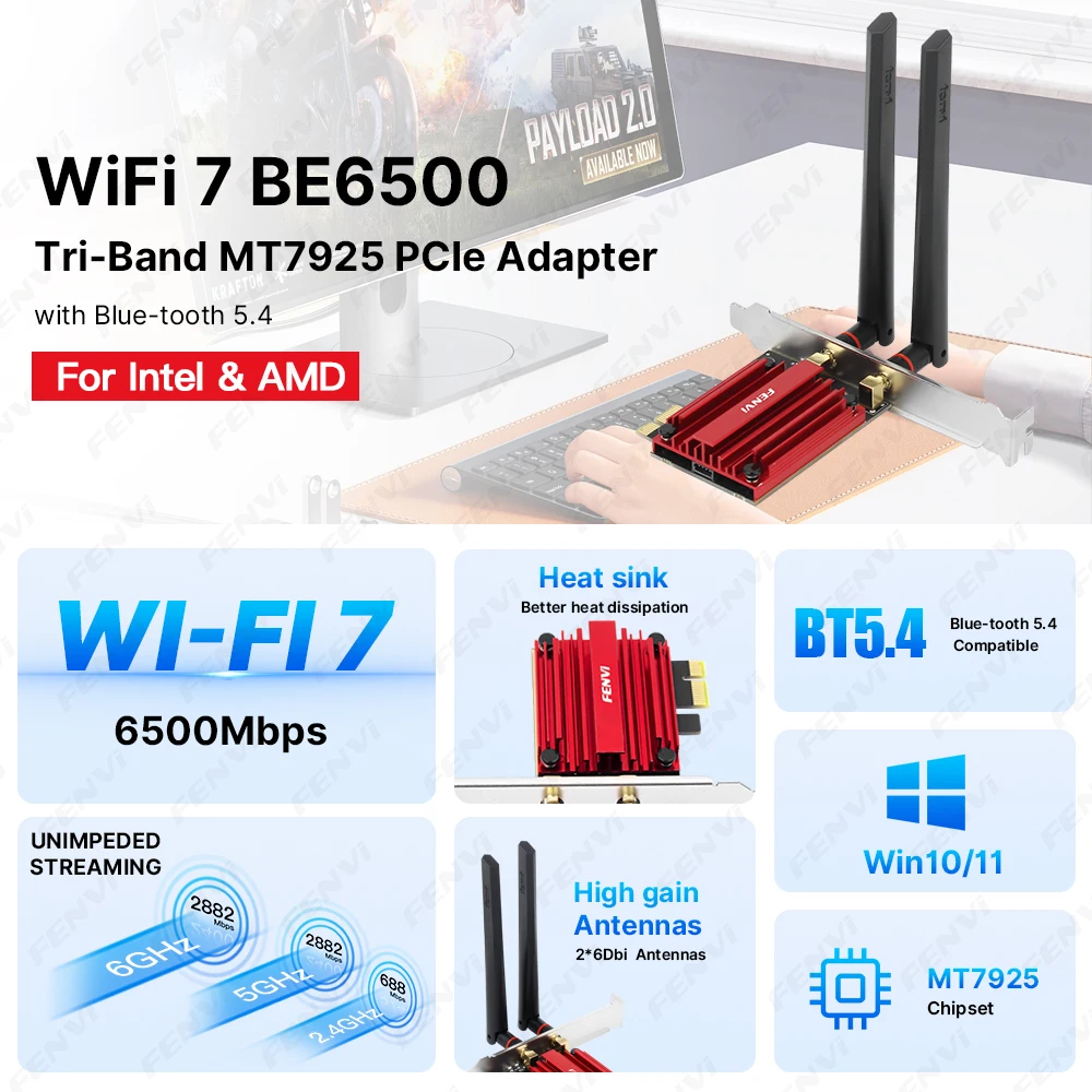 FENVI WiFi 7 BE6500 PCIE Adapter MT7925 BT 5.4 Tri Band 2.4G/5Ghz/6Ghz 6500Mbps 802.11BE Wireless Network Card For AMD Win 10/11