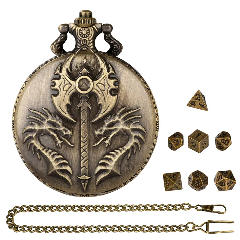 

Bronze Double Draogn Axe Pendant Pocket Watch Case FOB Chain with 7 X Metal Polyhedral Dice Set Role Play Gaming Accessory