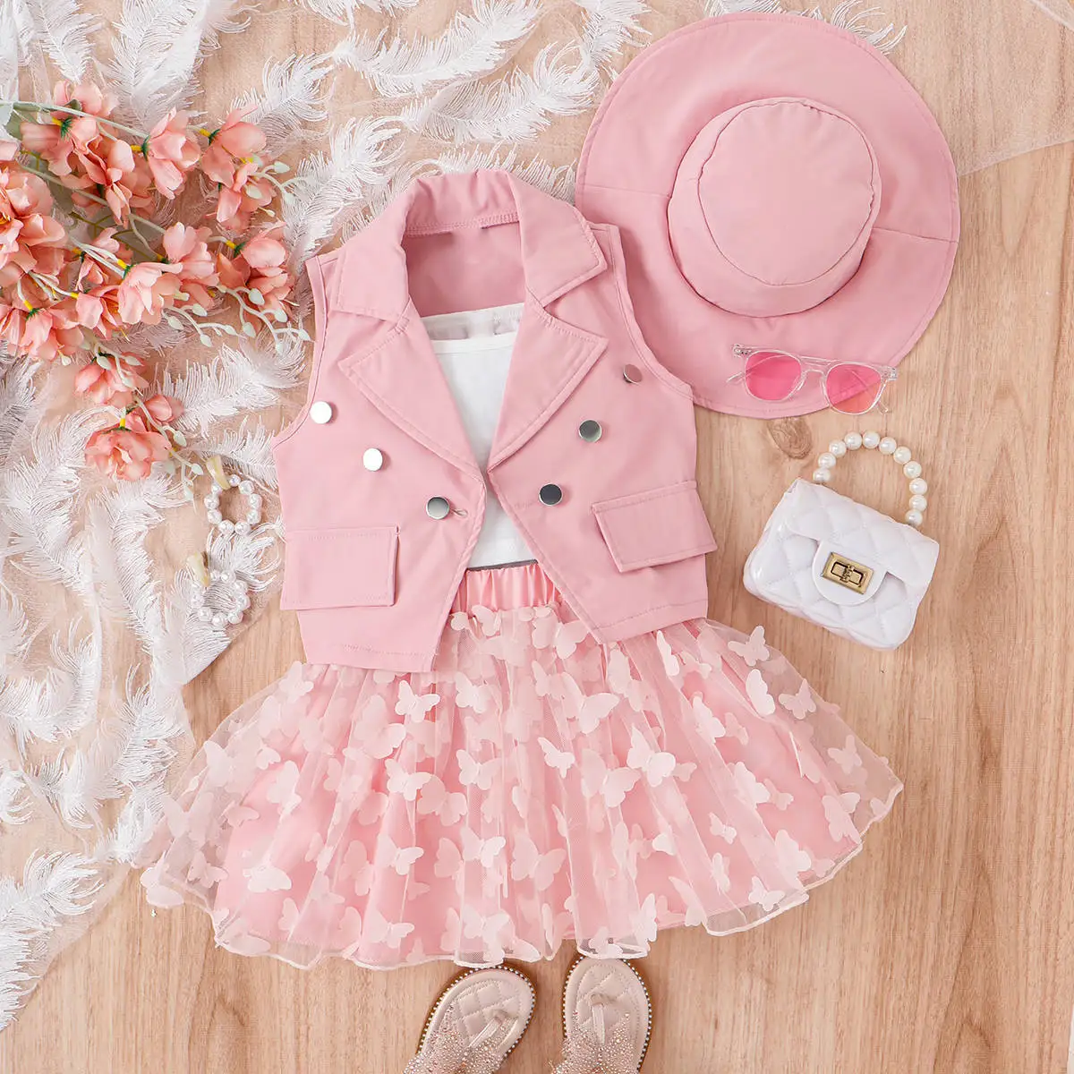 

Summer Girls Clothes Sets Sleeveless Lapel Suit Jacket Waistcoat + Gauze Butterfly Pleated Skirt Kids Children's Casual Clothing