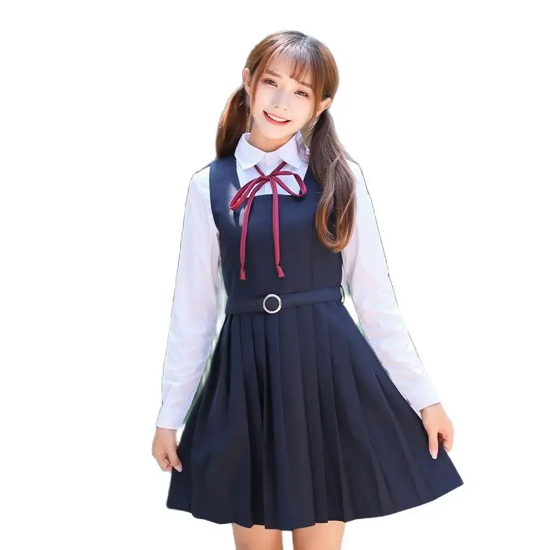 School Students Girl Uniform Japanese Spring Naval College Style Sailor Suit White T-Shirt And Sleeveless Dress