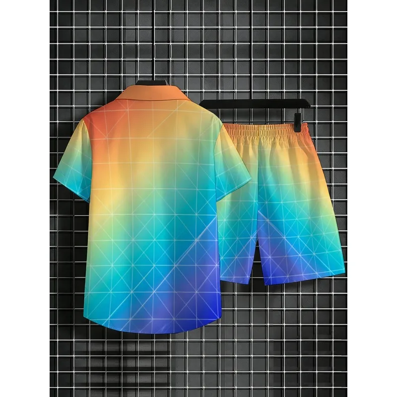 Men Summer Beach Outfit Color Gradient Short Sleeve Shirt and Shorts Set Lightweight Comfortable Casual Vacation Matching Suit view 4