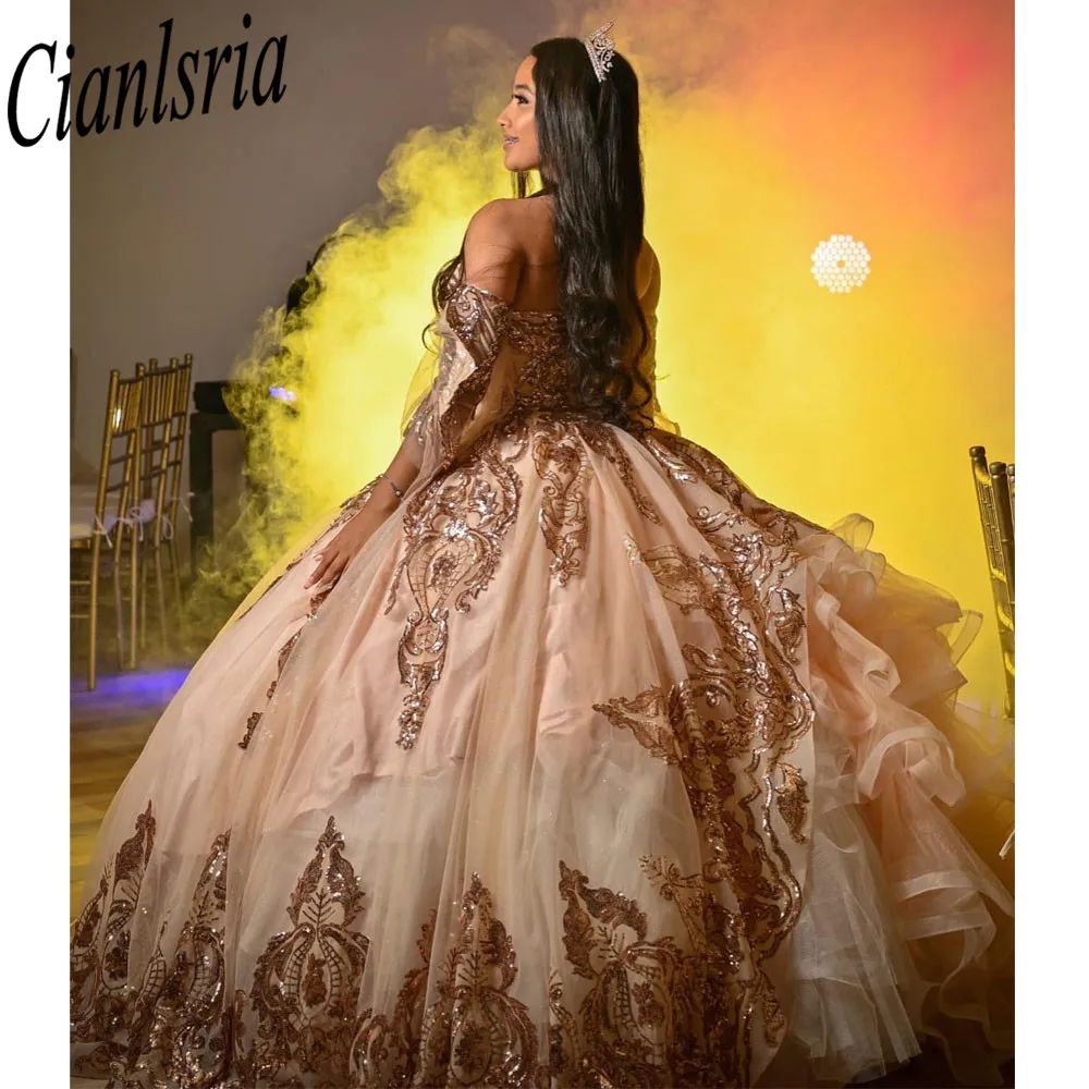 Vestido De baile De Quinceañera De oro rosa, brillante, escote corazón, sin espalda, dulce 16, vestidos De desfile, 15 años, 2024