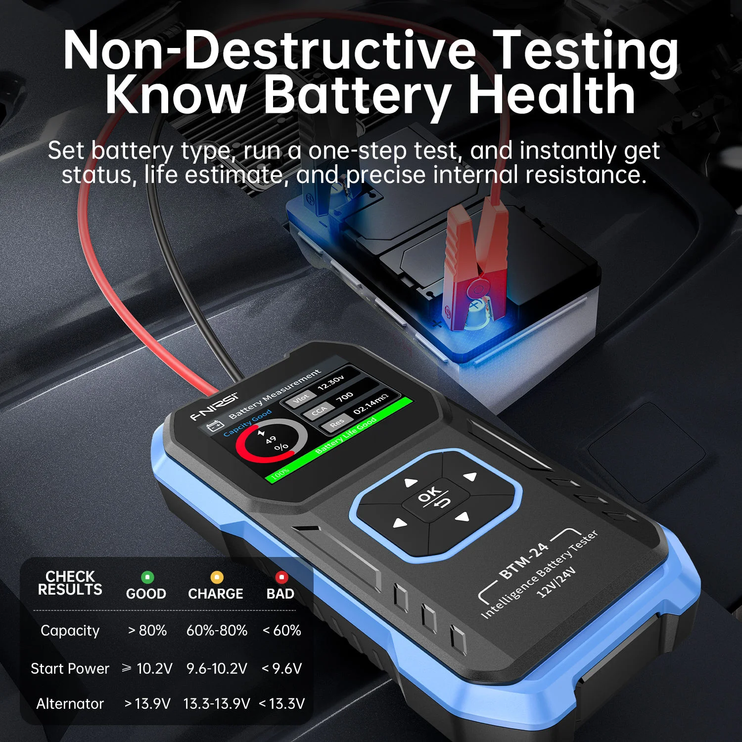 FNIRSI BTM-24 Auto Battery Load Tester 12V/24V, 100-2000CCA Analyzer for Cars Trucks, Cranking & Charging System Checker