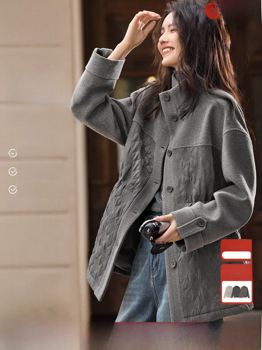 

XWI Early Spring Women's Cotton Jaet Waist-Cinching Stand Collar Patchwork Coat Long Sve Thiened Polyester Fiber