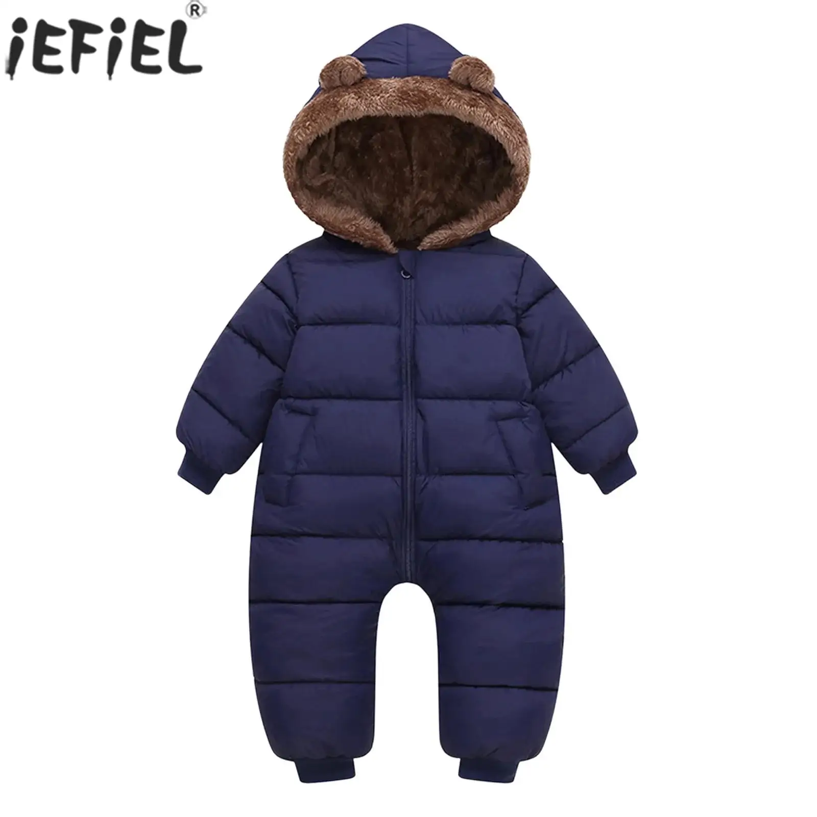 

Infant Boys Girls Winter Warm Fleece-Lined Snowsuit Hooded Rompers Long Sleeve Zippers Thickened Thermal Jumpsuit Padded Jacket