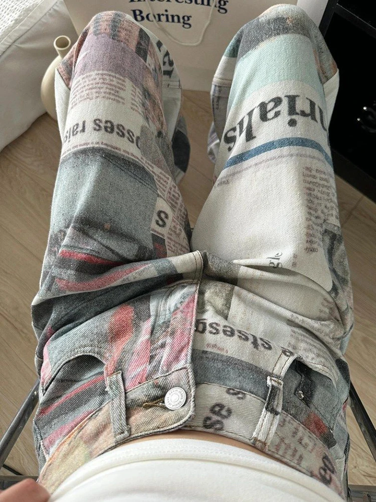 

street hip-hop graffiti printed jeans, trendy brand, fashionable casual high street loose pants boyfriend jeans for women