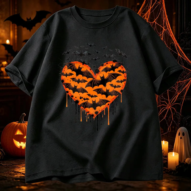 Men O Neck Short Sleeve T Shirt Halloween Heart Shape Bat Dripping Ink Graphic Print Summer Soft Loose Casual Tee Tops For Guys