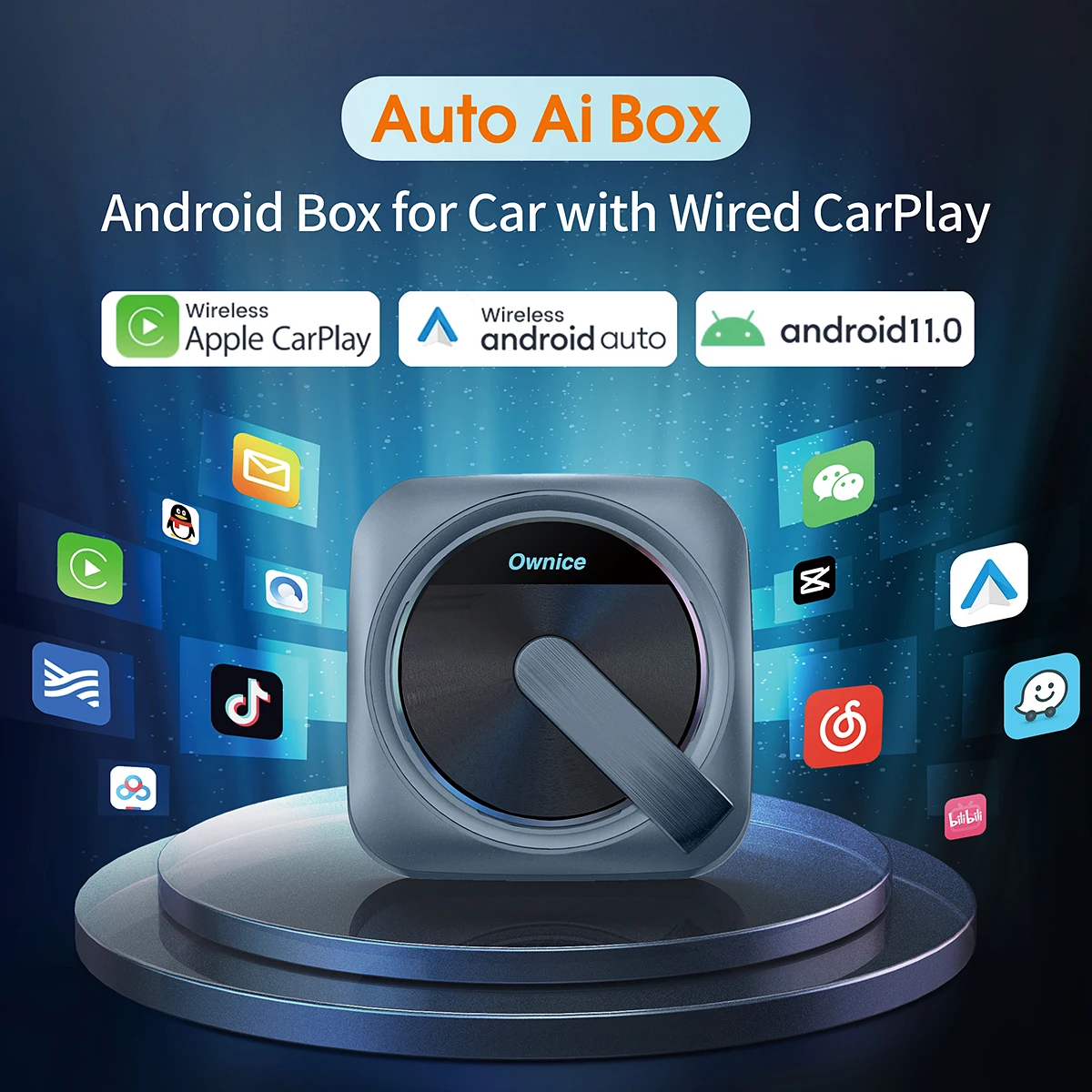 Ownice A0 Wired to Wireless Apple CarPlay Adapter Wireless Android Auto Ai Box Car Play Dongle for ipTV Spotify Netflix TV inCar