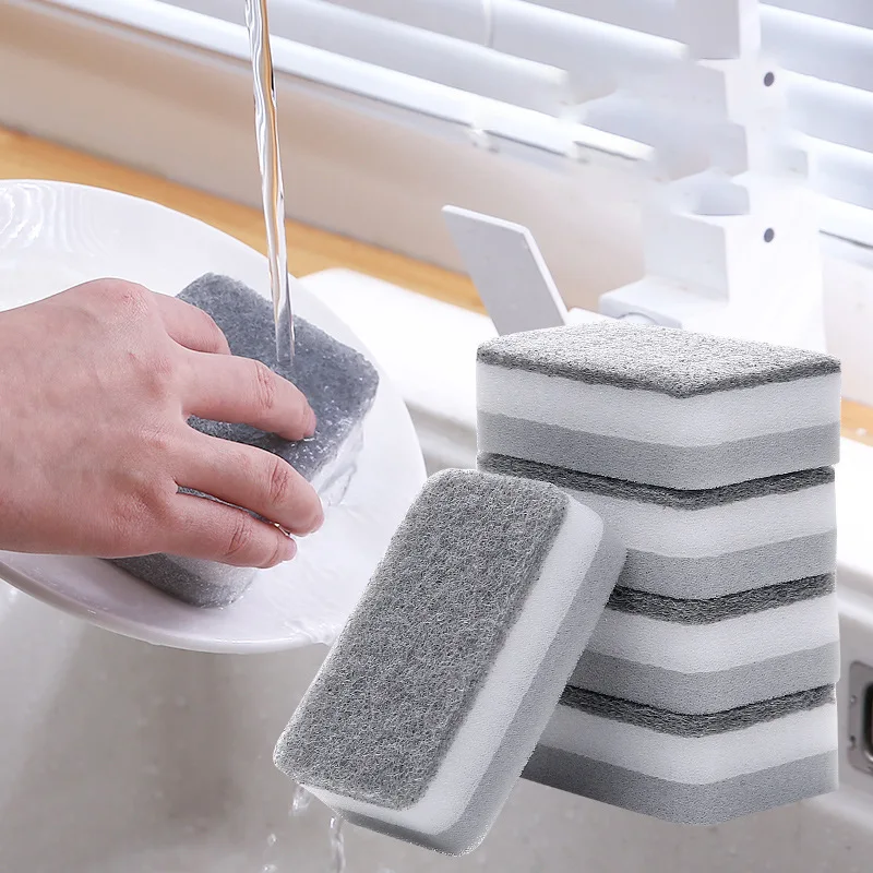 New Gray Dirt-resistant Scouring Pad Home Double-sided Sponge Wipe Kitchen Stain Sponge Wipe Professional Cleaning Supplies