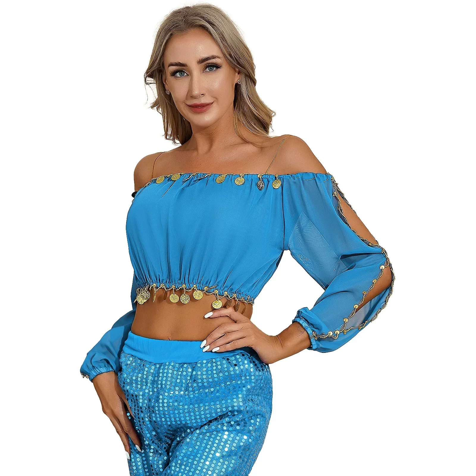 Womens Indian Carnival Belly Dancing Wear Belly Dance Tops Sequined Beaded Split Long Puff Sleeve Crop Top