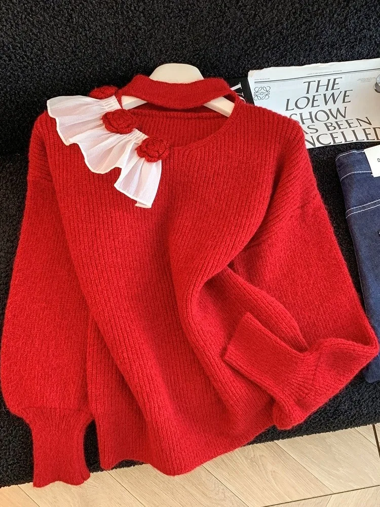 

Французский свободный крой с вырезом «летучая мышь» Женский вязаный свитер V-Ne Теплый повседневный топ на осень-зиму