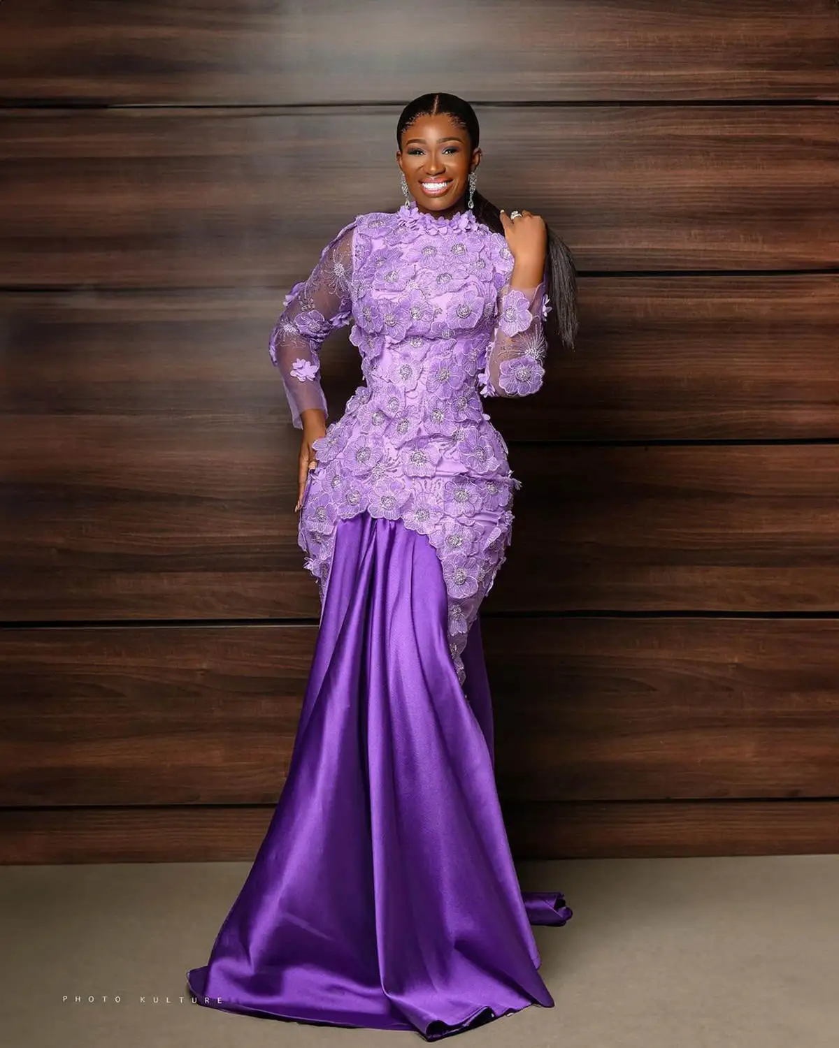 Abiti da ballo a sirena viola taglie forti arabi Fiori 3D Appliques Abiti da sera Abito formale da secondo ricevimento per feste a maniche lunghe